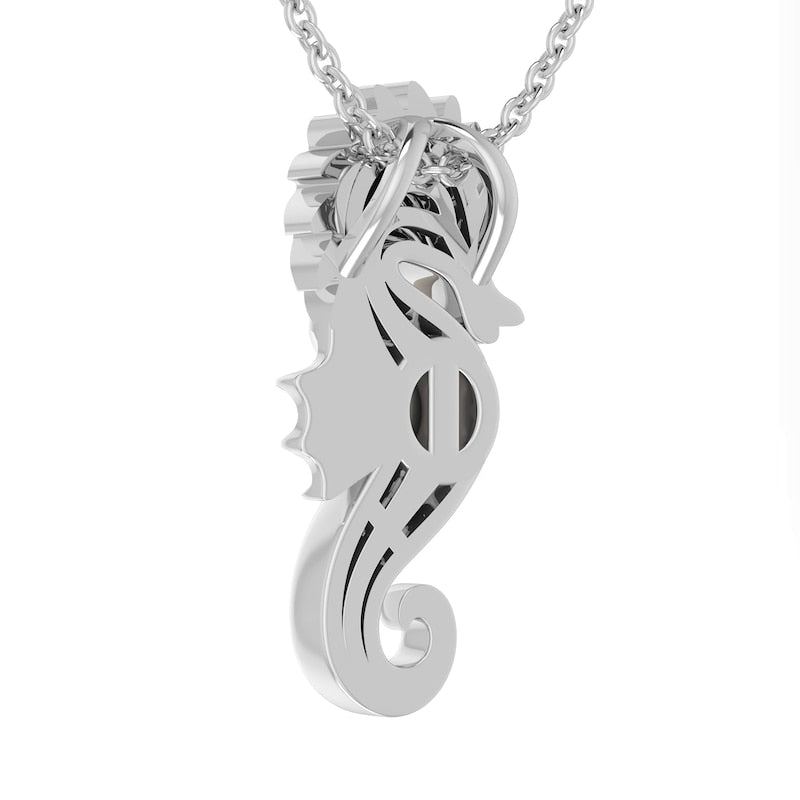 5.0mm Cultured Freshwater Pearl and Lab-Created White Sapphire Seahorse Pendant in Sterling Silver