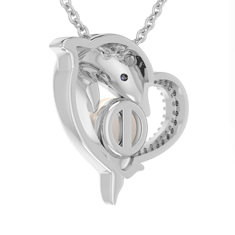 Cultured Freshwater Pearl, Lab-Created Blue Sapphire and 0.05 CT. T.W. Diamond Dolphin Heart Pendant in Sterling Silver
