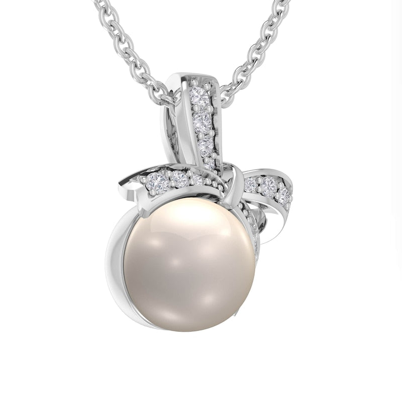 7.0mm Cultured Freshwater Pearl and Natural Diamond Accent Beaded Bow Pendant in Sterling Silver