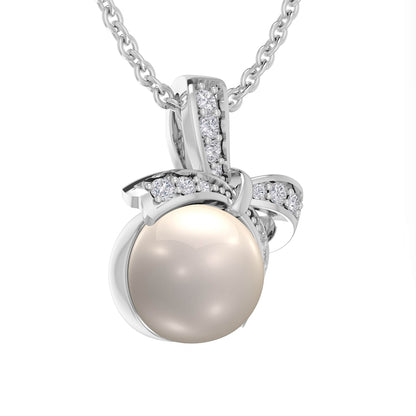 7.0mm Cultured Freshwater Pearl and Natural Diamond Accent Beaded Bow Pendant in Sterling Silver