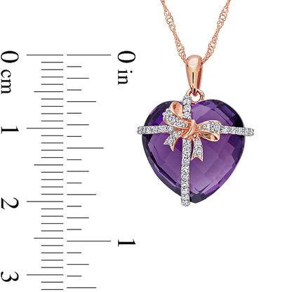 Checkerboard Heart-Shaped Amethyst and 0.13 CT. T.W. Natural Diamond Gift Bow Overlay Pendant in 10K Rose Gold - 17"