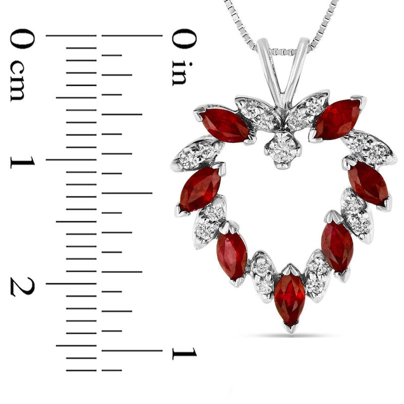Marquise Ruby and 0.2 CT. T.W. Natural Diamond Leaf Alternating Wreath Heart Pendant in 14K White Gold