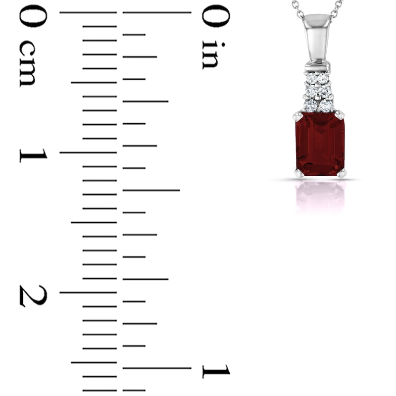 Emerald-Cut Garnet and 0.17 CT. T.W. Natural Diamond Graduated Double Row Drop Pendant in 14K White Gold