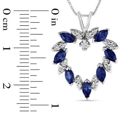 Marquise Blue Sapphire and 0.2 CT. T.W. Natural Diamond Leaf Alternating Wreath Heart Pendant in 14K White Gold