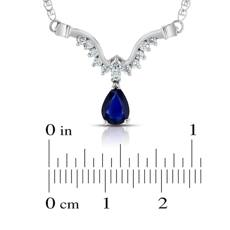 Pear-Shaped Blue Sapphire and 0.25 CT. T.W. Natural Diamond Curved Abstract Teardrop Necklace in 14K White Gold - 16"