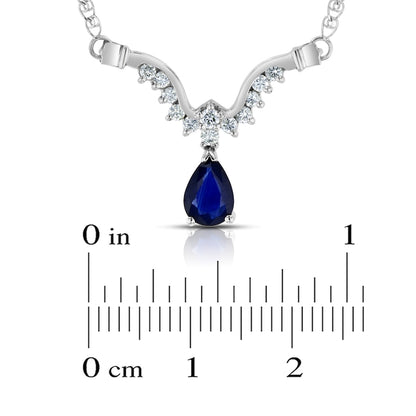 Pear-Shaped Blue Sapphire and 0.25 CT. T.W. Natural Diamond Curved Abstract Teardrop Necklace in 14K White Gold - 16"