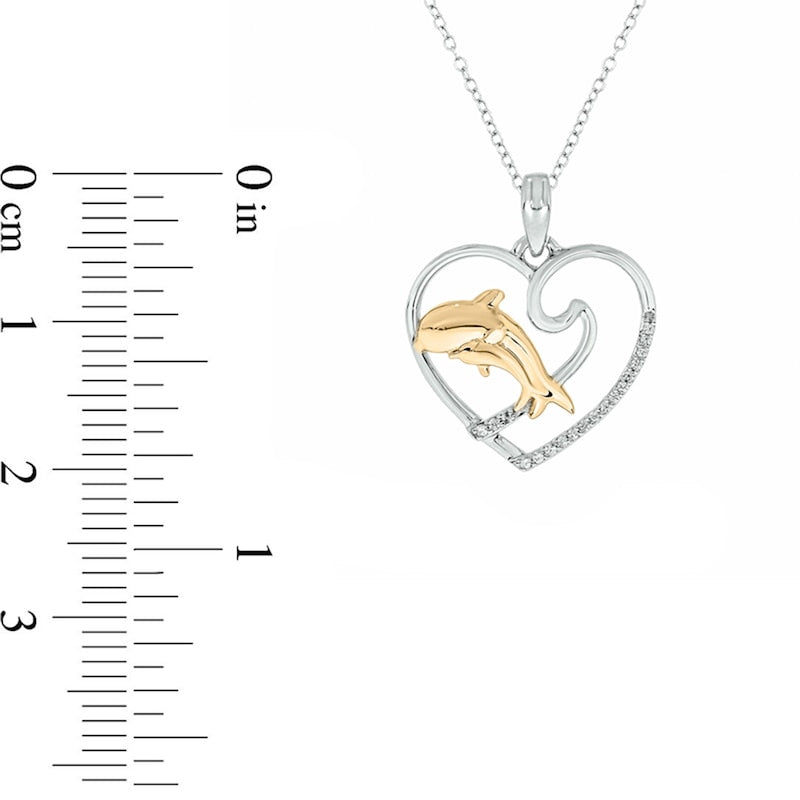 0.05 CT. T.W. Natural Diamond Dolphins in Heart Pendant in Sterling Silver with 14K Gold Plate