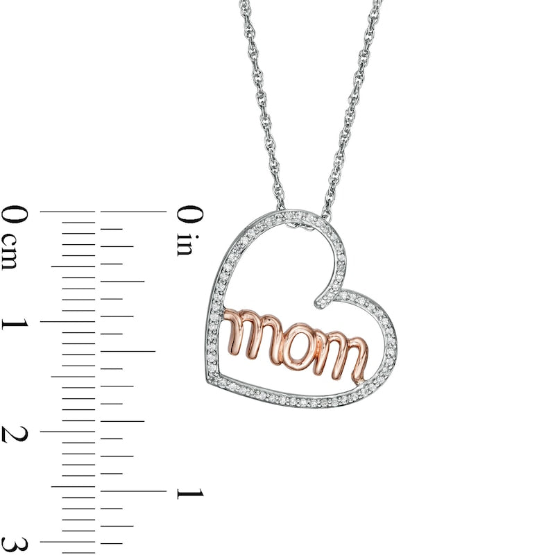 0.17 CT. T.W. Natural Diamond "mom" in Tilted Heart Pendant in Sterling Silver and 10K Rose Gold