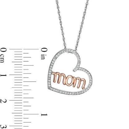 0.17 CT. T.W. Natural Diamond "mom" in Tilted Heart Pendant in Sterling Silver and 10K Rose Gold