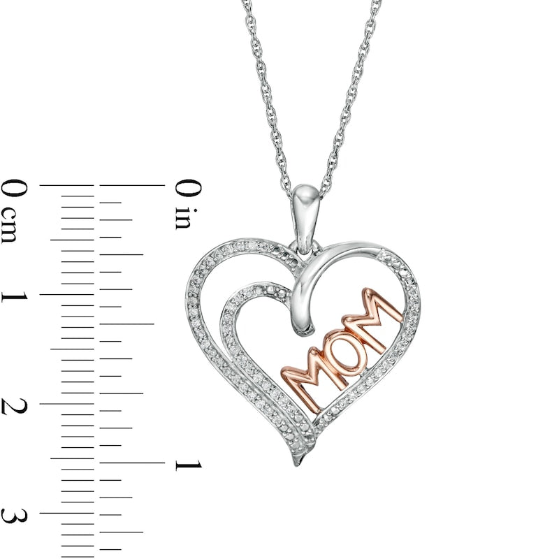 0.2 CT. T.W. Natural Diamond Double Row Heart "MOM" Pendant in Sterling Silver with 10K Rose Gold