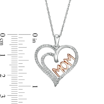 0.2 CT. T.W. Natural Diamond Double Row Heart "MOM" Pendant in Sterling Silver with 10K Rose Gold