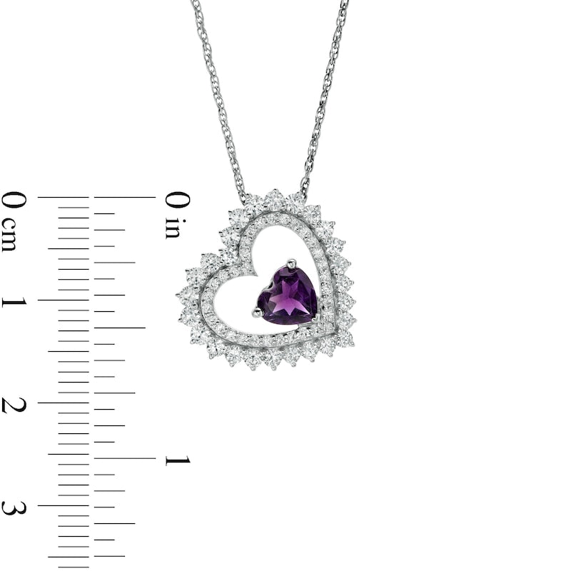 6.0mm Amethyst and White Lab-Created Sapphire Tilted Heart Pendant in Sterling Silver