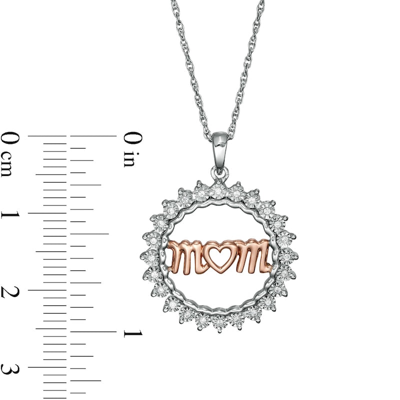 0.1 CT. T.W. Natural Diamond "mom" Heart Sunburst Frame Pendant in Sterling Silver and 10K Rose Gold