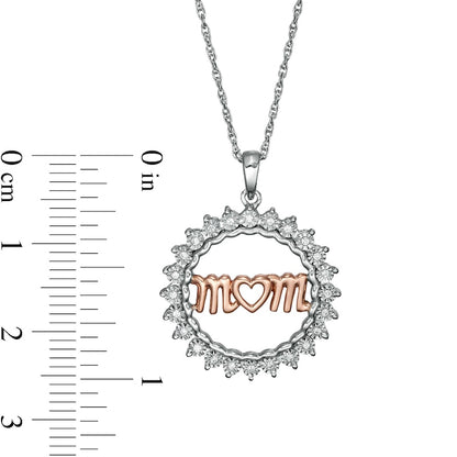 0.1 CT. T.W. Natural Diamond "mom" Heart Sunburst Frame Pendant in Sterling Silver and 10K Rose Gold