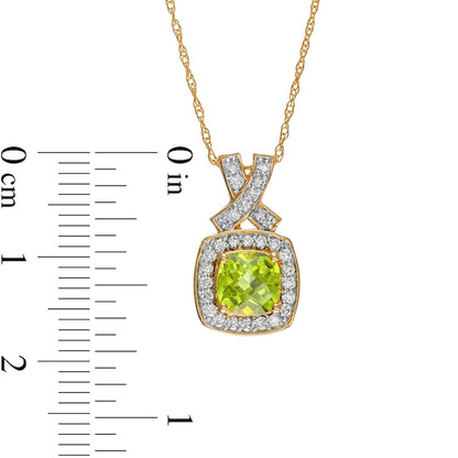 6.0mm Cushion-Cut Peridot and 0.2 CT. T.W. Natural Diamond Frame "X" Pendant in 14K Gold