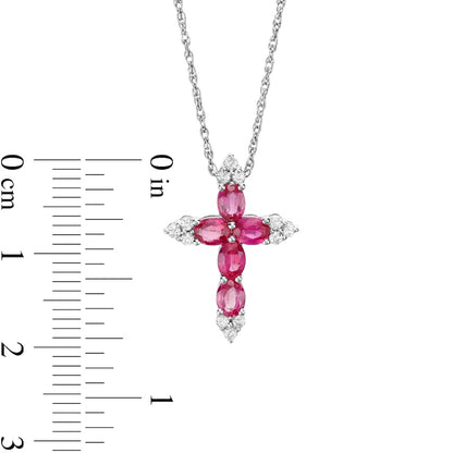 Oval Lab-Created Ruby and White Sapphire Tri-Point Cross Pendant in Sterling Silver