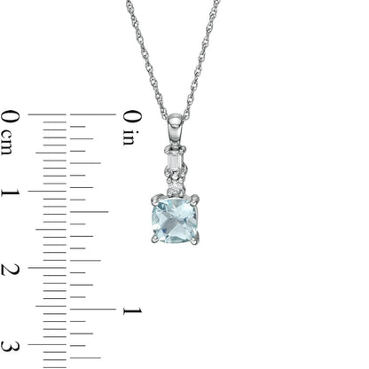 6.0mm Cushion-Cut Aquamarine and 0.07 CT. T.W. Baguette and Round Natural Diamond Drop Pendant in 14K White Gold