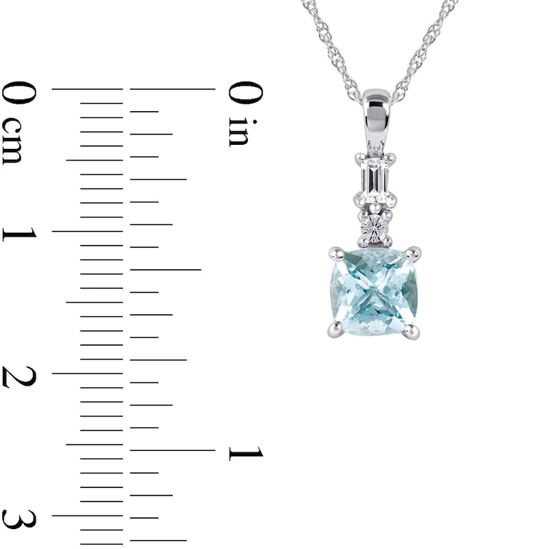 6.0mm Cushion-Cut Aquamarine and 0.07 CT. T.W. Baguette and Round Natural Diamond Drop Pendant in 14K White Gold