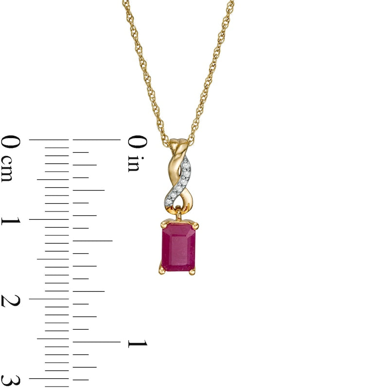 Emerald-Cut Ruby and Natural Diamond Accent Twist Drop Pendant in 14K Gold