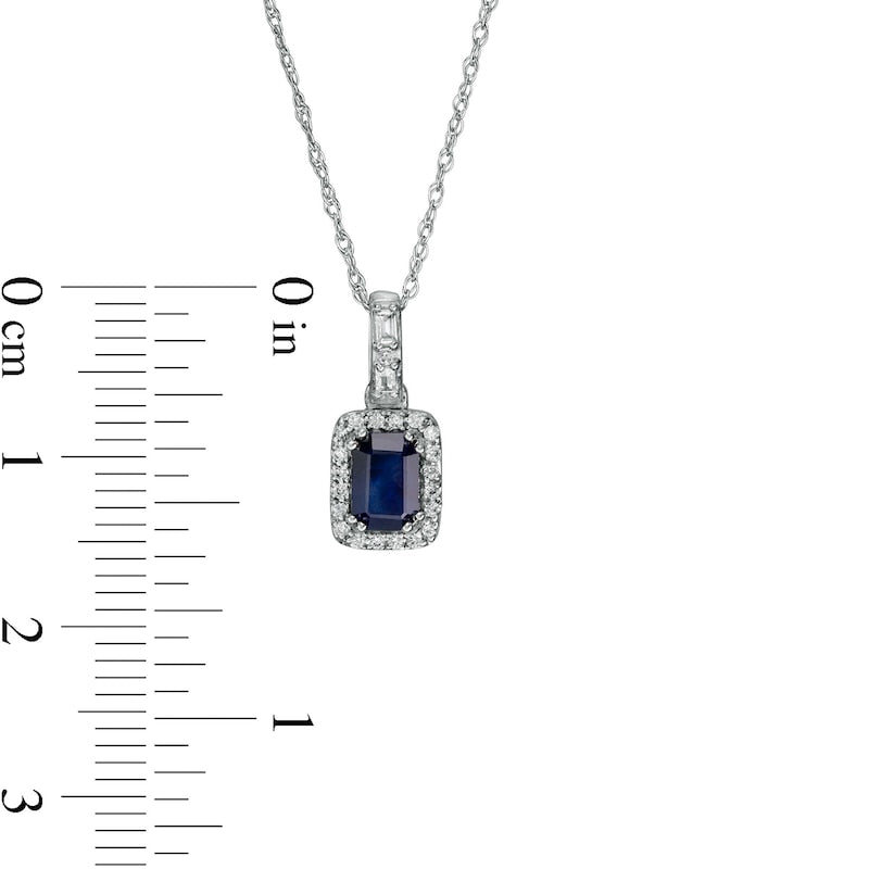 Emerald-Cut Blue Sapphire and 0.13 CT. T.W. Baguette and Round Natural Diamond Frame Alternating Drop Pendant in 14K White Gold