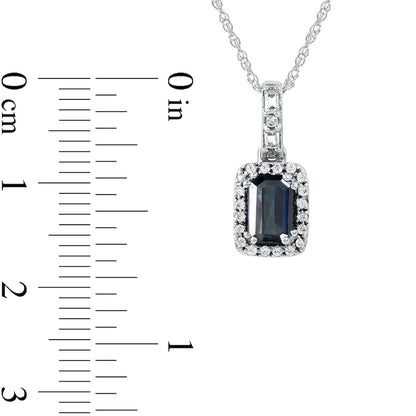 Emerald-Cut Blue Sapphire and 0.13 CT. T.W. Baguette and Round Natural Diamond Frame Alternating Drop Pendant in 14K White Gold