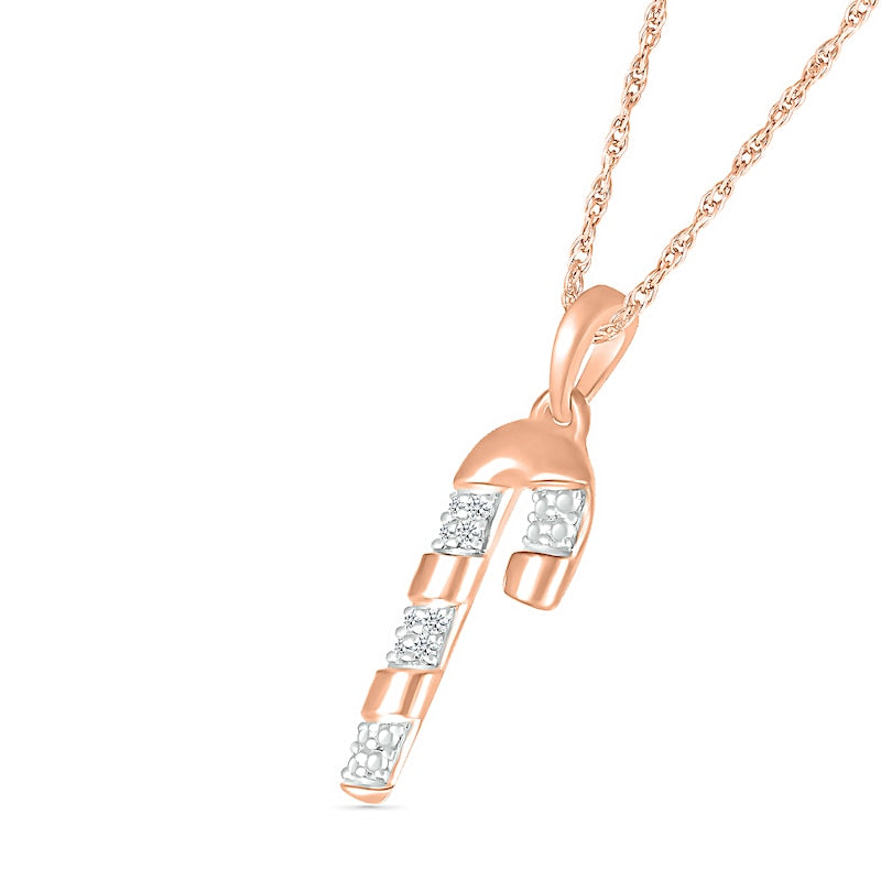 Natural Diamond Accent Candy Cane Pendant in Sterling Silver with 14K Rose Gold
