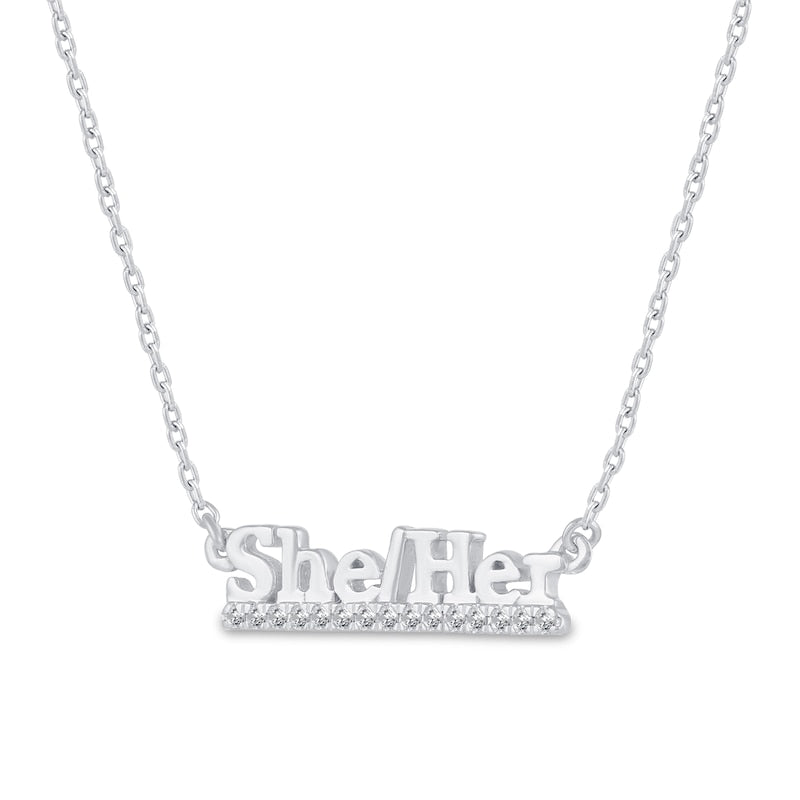 0.07 CT. T.W. Natural Diamond Underlined "She/Her" Necklace in Sterling Silver