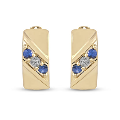 Men's Blue Sapphire and Diamond Accent Three Stone Slant Huggie Hoop Earrings in 10K Gold