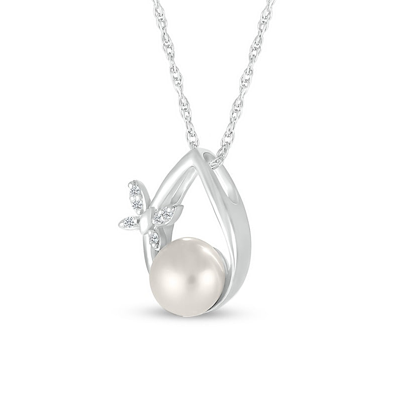 7.0mm Cultured Freshwater Pearl and Natural Diamond Accent Butterfly Open Teardrop Pendant in Sterling Silver