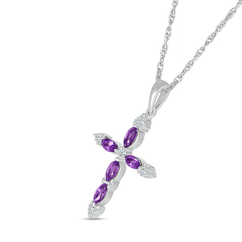 Marquise Amethyst and 0.07 CT. T.W. Natural Diamond Tri-Tip Cross Pendant in Sterling Silver