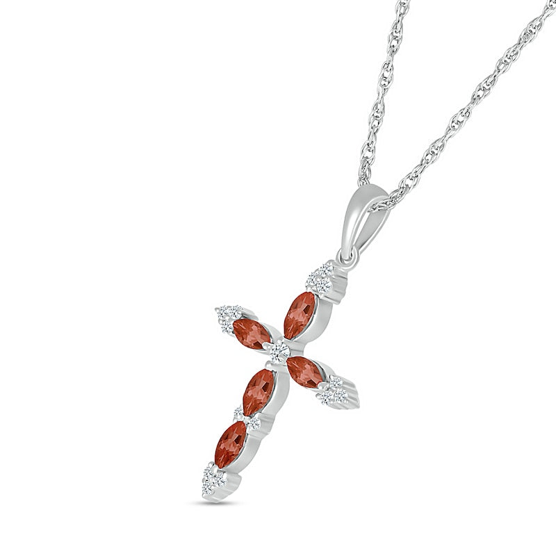 Marquise Garnet and 0.07 CT. T.W. Natural Diamond Tri-Tip Cross Pendant in Sterling Silver