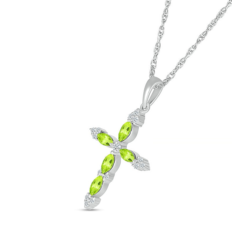Marquise Peridot and 0.07 CT. T.W. Natural Diamond Tri-Tip Cross Pendant in Sterling Silver