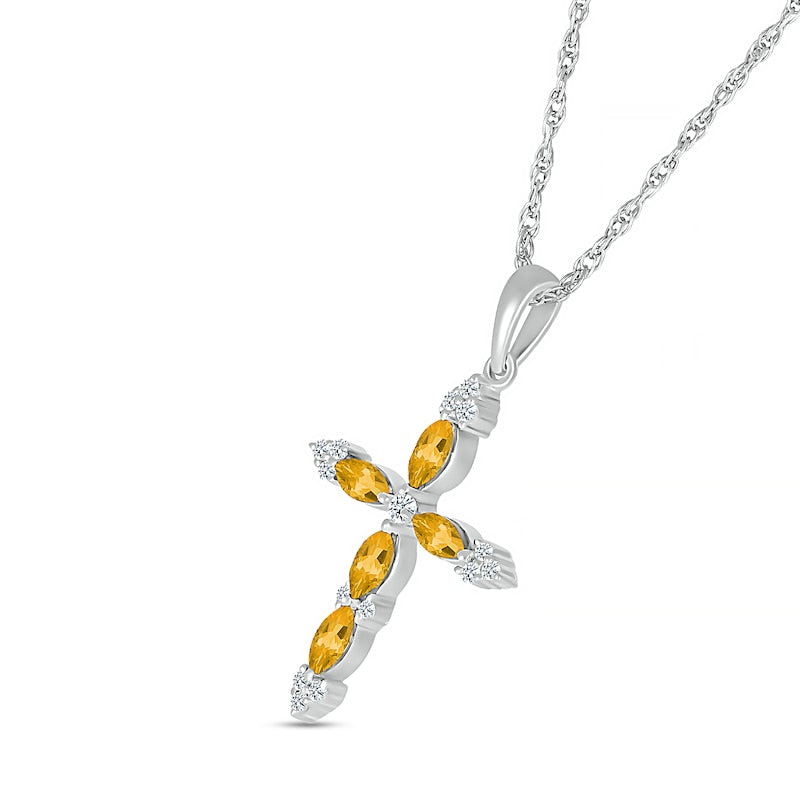 Marquise Citrine and 0.07 CT. T.W. Natural Diamond Tri-Tip Cross Pendant in Sterling Silver
