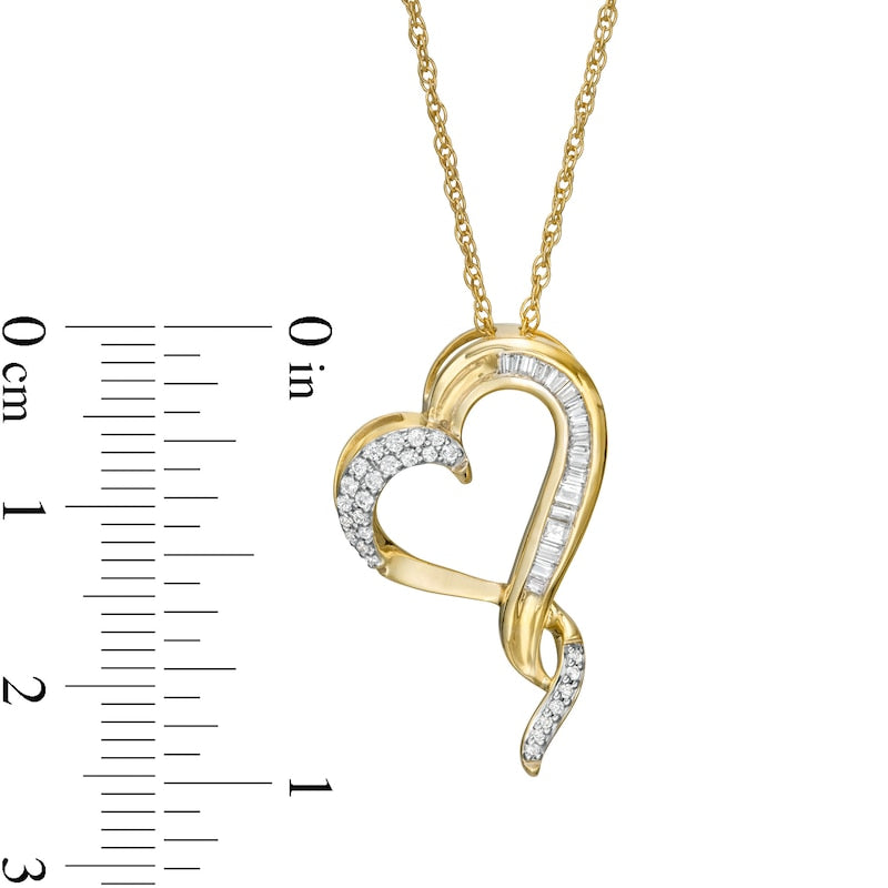 0.17 CT. T.W. Baguette and Round Natural Diamond Twist Heart Pendant in 10K Yellow Gold
