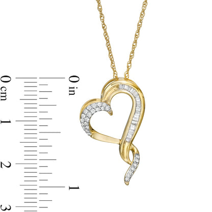 0.17 CT. T.W. Baguette and Round Natural Diamond Twist Heart Pendant in 10K Yellow Gold
