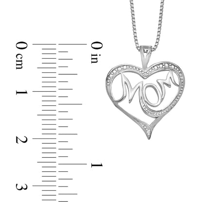 Natural Diamond Accent Beaded "MOM" Loop Heart Pendant in Sterling Silver – 16"