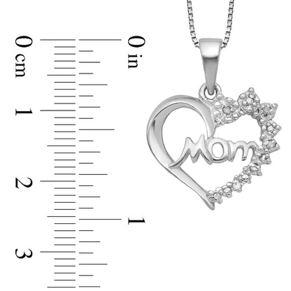 Natural Diamond Accent Beaded Flower Cluster "Mom" Shadow Heart Pendant in Sterling Silver – 16"