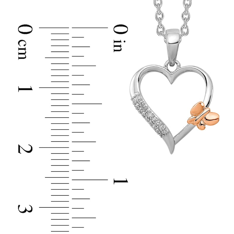 0.05 CT. T.W. Natural Diamond Double Row with Offset Butterfly Loop Heart Pendant in Sterling Silver and 14K Rose Gold