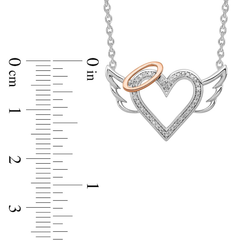 0.1 CT. T.W. Natural Diamond Beaded Heart with Halo and Angel Wings Necklace in Sterling Silver and 10K Rose Gold