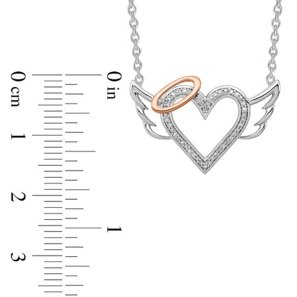 0.1 CT. T.W. Natural Diamond Beaded Heart with Halo and Angel Wings Necklace in Sterling Silver and 10K Rose Gold