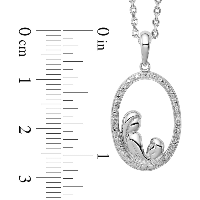 Natural Diamond Accent Beaded Motherly Love Oval Pendant in Sterling Silver