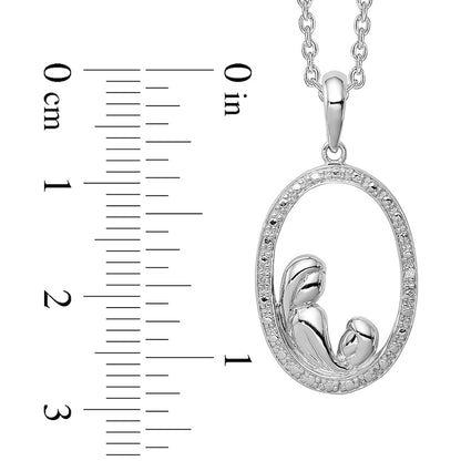 Natural Diamond Accent Beaded Motherly Love Oval Pendant in Sterling Silver