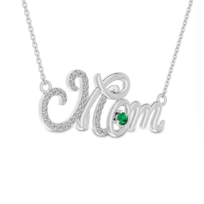 3.0mm Lab-Created Emerald and White Lab-Created Sapphire Cursive "Mom" Pendant in Sterling Silver