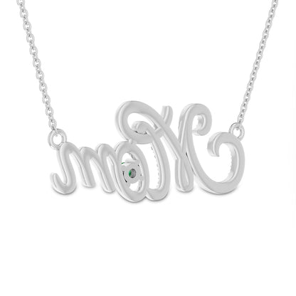 3.0mm Lab-Created Emerald and White Lab-Created Sapphire Cursive "Mom" Pendant in Sterling Silver