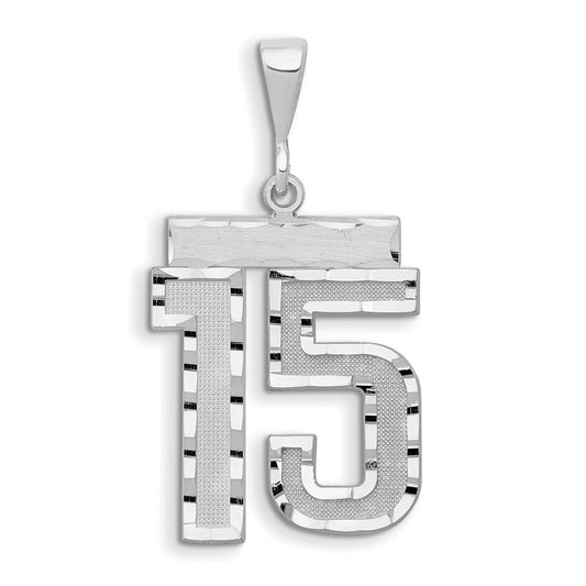 14k White Goldw Large Brushed  Diamond-cut Number 15 Charm