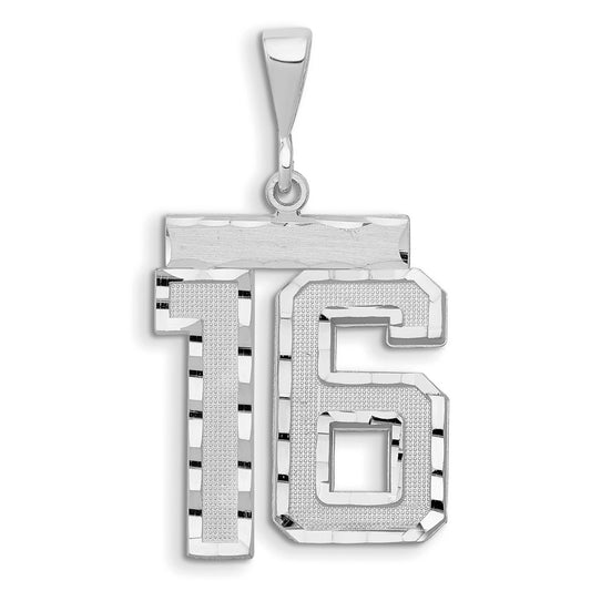 14k White Goldw Large Brushed Diamond-cut Number 16 Charm