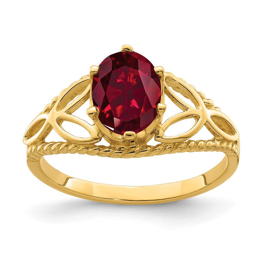 Solid 14k Yellow Gold 8x6mm Oval Created Simulated Ruby Ring