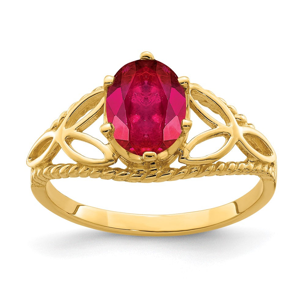 Solid 14k Yellow Gold 8x6mm Oval Simulated Ruby Ring