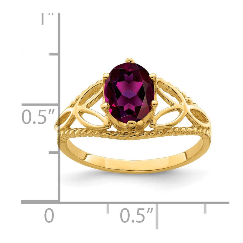 Solid 14k Yellow Gold 8x6mm Oval Rhodolite Simulated Garnet Ring