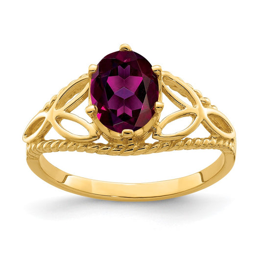Solid 14k Yellow Gold 8x6mm Oval Rhodolite Simulated Garnet Ring